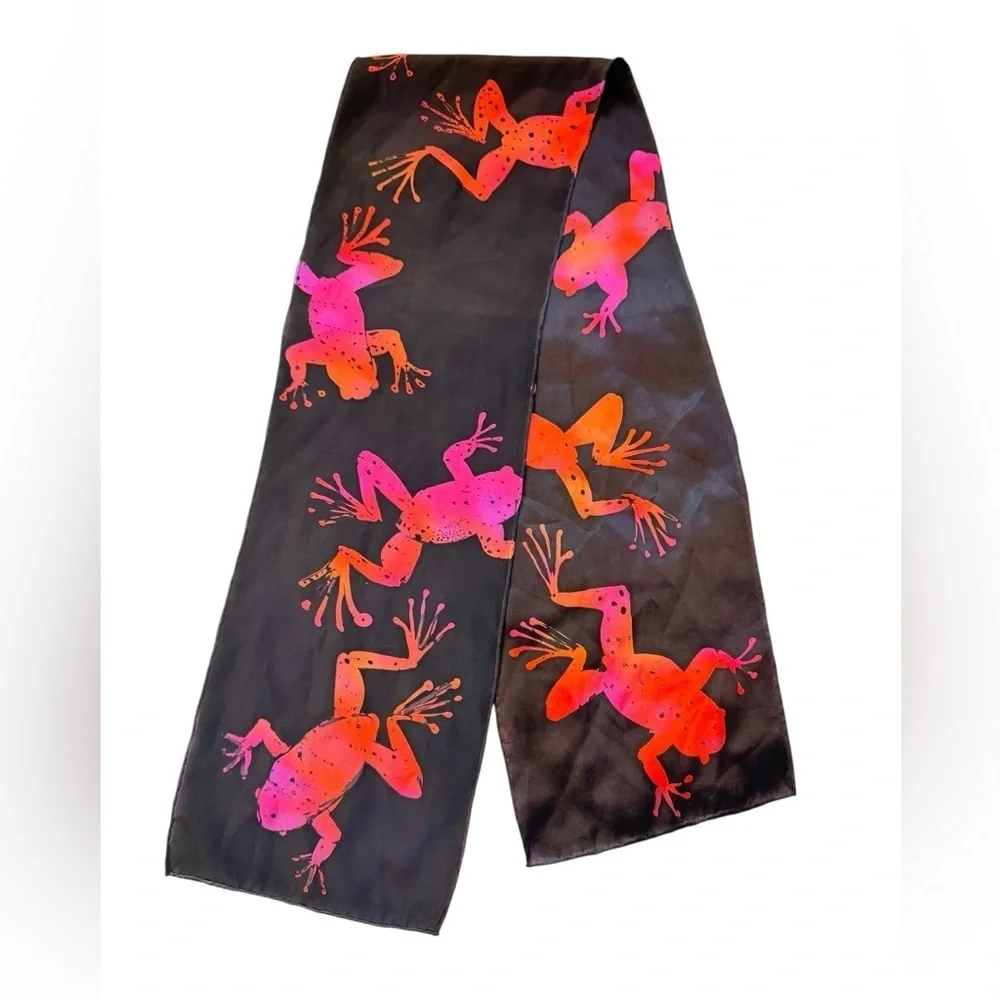Black Silky Scarf with Pink and Orange Iridescent Frogs Size 8 x 52 inches